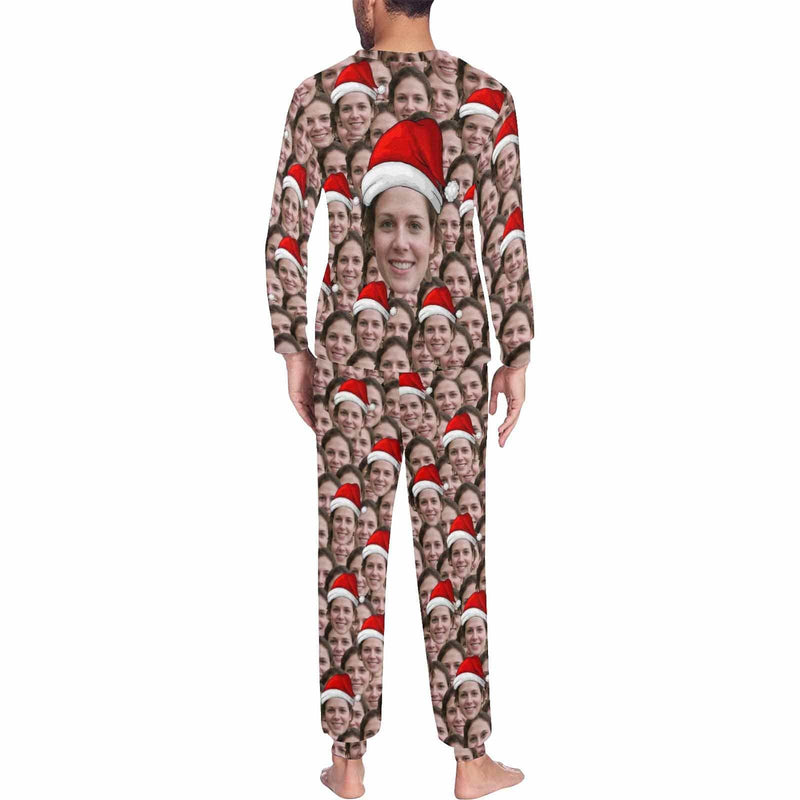 Custom Face Family Seamless Christmas Hat Sleepwear Personalized Family Slumber Party Matching Long Sleeve Pajamas Set