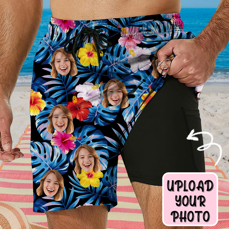 Personalized Face Swim Trunks Custom Face Blue Leaves Black Background Quick Dry Men's Swim Shorts