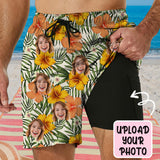 Personalized Face Swim Trunks Custom Face Yellow Flowers Quick Dry Men's Swim Shorts