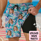 Custom Face Swimsuit&Cover Up Personalized Face Blue Leaves Pink Background Bikini Set& Beach Cover Up