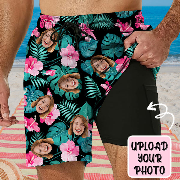 Personalized Swim Trunks Custom Face Green Leaves Pink Flowers Black Quick Dry Swim Shorts