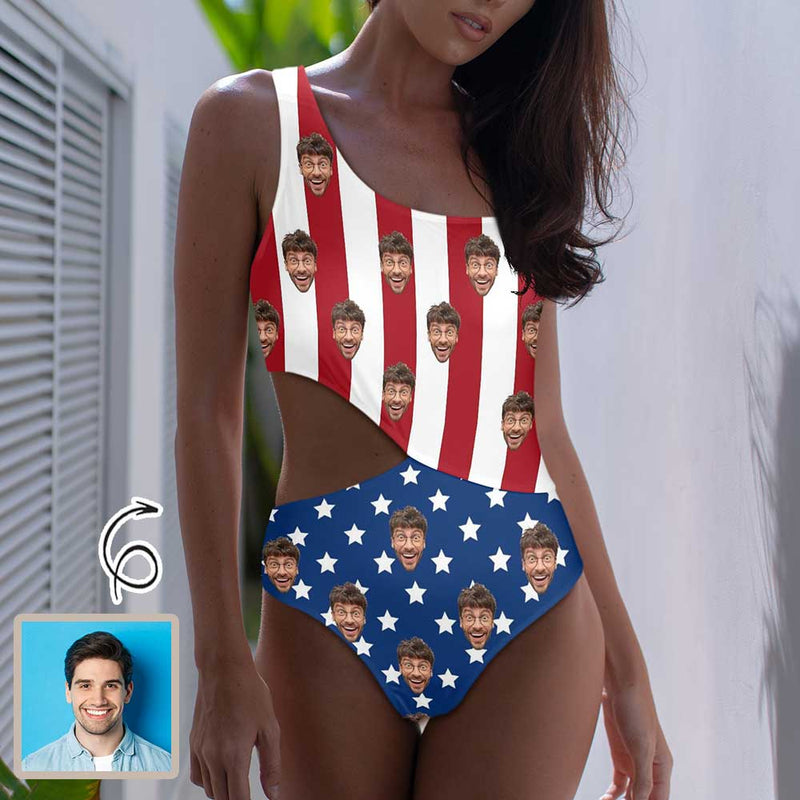 Custom Face Backless Swimsuit Personalized Face Flag Women's Front Cutout One Piece Swimsuit