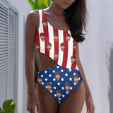 Custom Face American Flag Style Women's Off Shoulder Side Cutout One Piece Swimsuit Personalized Photo Bathing Suit