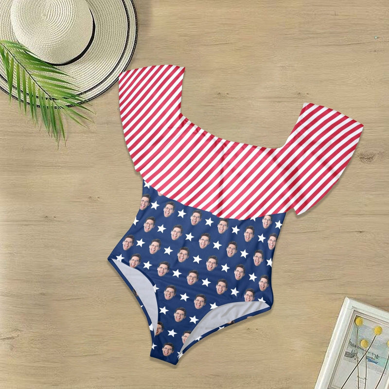 Custom Face American Flag Style Women's Ruffle One Piece Off Shoulder Swimsuit Flounce High Cut Bathing Suit Slimming