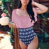 Custom Face American Flag Style Women's Ruffle One Piece Off Shoulder Swimsuit Flounce High Cut Bathing Suit Slimming