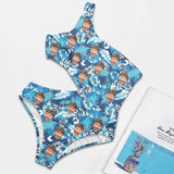 Custom Face Blue Leaves Women's Off Shoulder Side Cutout One Piece Swimsuit Personalized Photo Bathing Suit