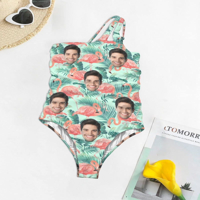 Custom Face Flamingo Women's One Shoulder Keyhole One Piece Swimsuit Custom Picture Bathing Suit