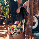 Custom Face Flower Pineapple Women's Ruffle One Piece Off Shoulder Swimsuit Flounce High Cut Bathing Suit Slimming