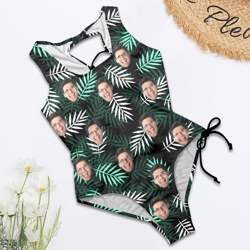 Custom Face Green Leaves Women's Lace Up Back Swimwear One Piece Swimsuit