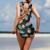 Custom Face Green Leaves Women's Lace Up Back Swimwear One Piece Swimsuit