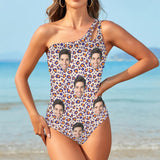 Custom Face Leopard Women's One Shoulder Keyhole One Piece Swimsuit Custom Picture Bathing Suit