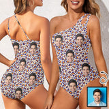 Custom Face Leopard Women's One Shoulder Keyhole One Piece Swimsuit Custom Picture Bathing Suit