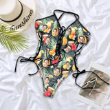 Custom Face Pineapple Green Leaves Women's Chest&Sides Ties Tummy Control Lace Up One Piece