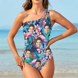 Custom Face Tropical Leaves Women's One Shoulder Keyhole One Piece Swimsuit Custom Picture Bathing Suit