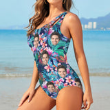 Custom Face Tropical Leaves Women's One Shoulder Keyhole One Piece Swimsuit Custom Picture Bathing Suit