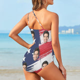 S-5XL#Custom American Flag Style Women's One Shoulder Keyhole Face One Piece Swimsuit Custom Picture Bathing Suit