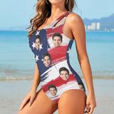 Custom Face USA Flag Style Women's One Shoulder Keyhole One Piece Swimsuit Custom Picture Bathing Suit