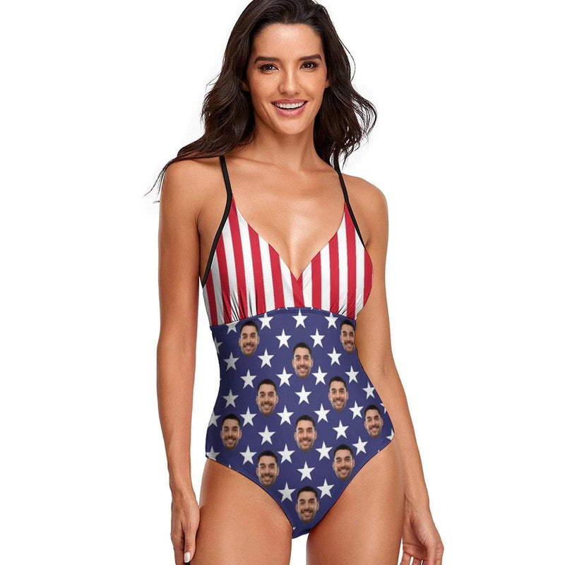 Custom Face American Flag Personalized V-Neck Women's One Piece Swimsuit