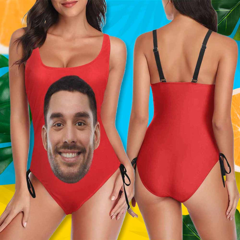 Bachelorette Swimsuit-Custom Face&Name Bride Swimsuit Personalized Women's New Drawstring Side One Piece Bathing Suit Bridesmaid Party Swimsuits