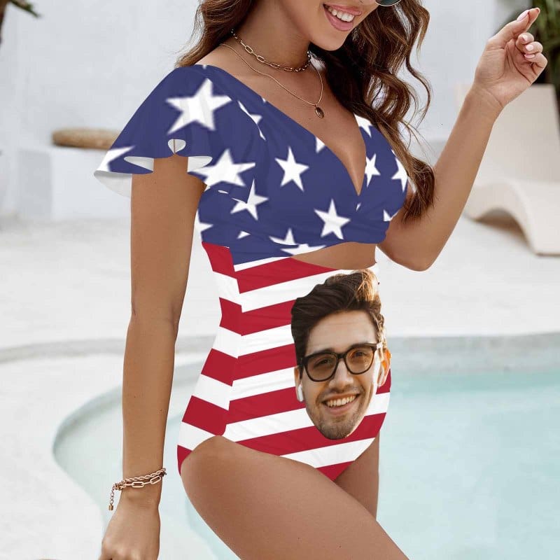 Custom Face American Flag Style Women's Twist Front Ruffle Sleeve Swimsuit Face Bathing Suit