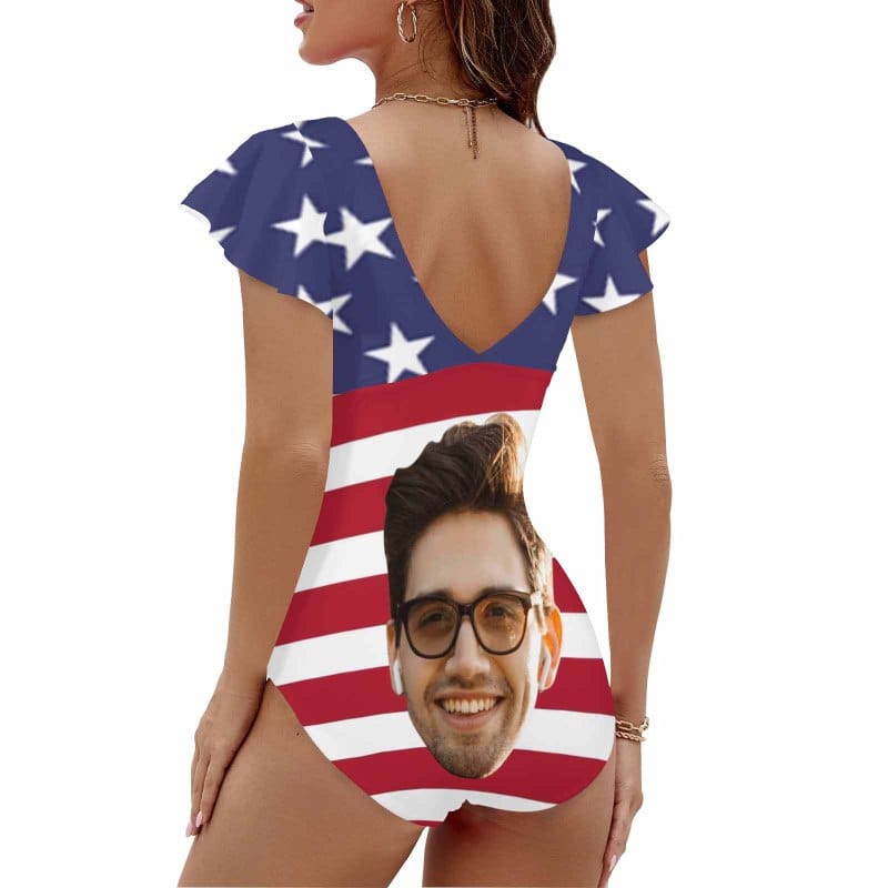 Custom Face American Flag Style Women's Twist Front Ruffle Sleeve Swimsuit Face Bathing Suit