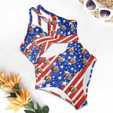 Custom Face American Flag Style Women's Twist Front Tie Back One Piece Swimsuit Face Bathing Suit