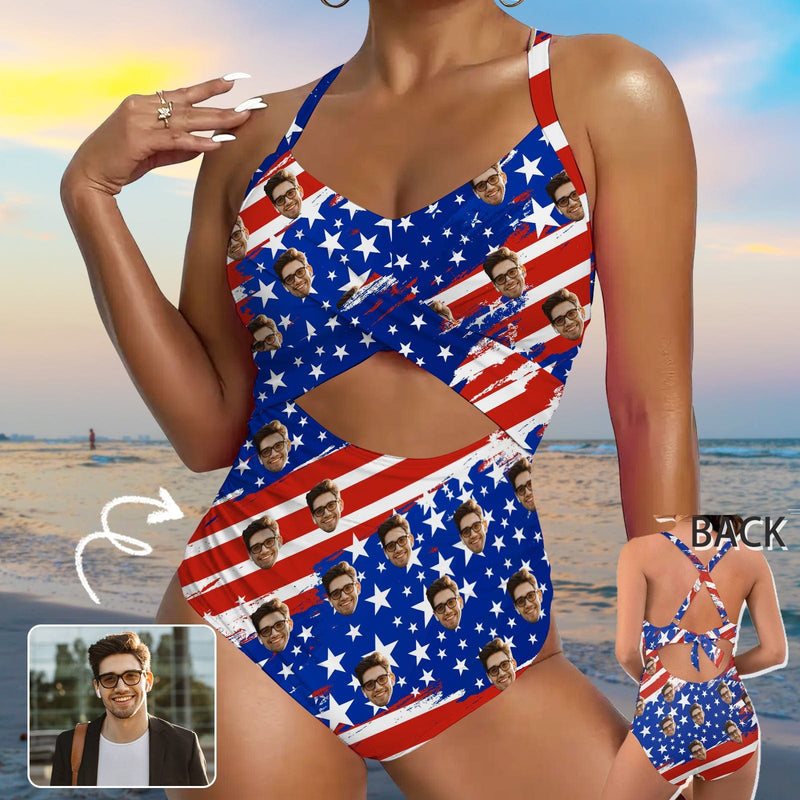 Custom Face American Flag Style Women's Twist Front Tie Back One Piece Swimsuit Face Bathing Suit