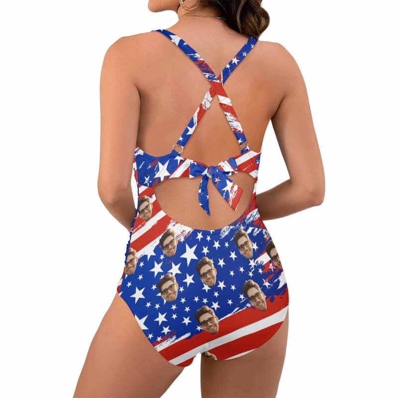 Custom Face American Flag Style Women's Twist Front Tie Back One Piece Swimsuit Face Bathing Suit