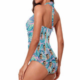 Custom Face Blue Leaves Women's Ruched Push Up Halter Swimsuit Personalized One Piece Bathing Suits