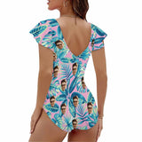 Custom Face Blue Leaves Women's Twist Front Ruffle Sleeve Swimsuit Face Bathing Suit