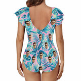 Custom Face Blue Leaves Women's Twist Front Ruffle Sleeve Swimsuit Face Bathing Suit