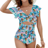 Custom Face Blue Leaves Women's Twist Front Ruffle Sleeve Swimsuit Face Bathing Suit