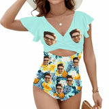 Custom Face Blue Pineapple Women's Twist Front Ruffle Sleeve Swimsuit Face Bathing Suit