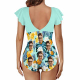 Custom Face Blue Pineapple Women's Twist Front Ruffle Sleeve Swimsuit Face Bathing Suit