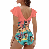 Custom Face Coconut Tree Women's Twist Front Ruffle Sleeve Swimsuit Face Bathing Suit