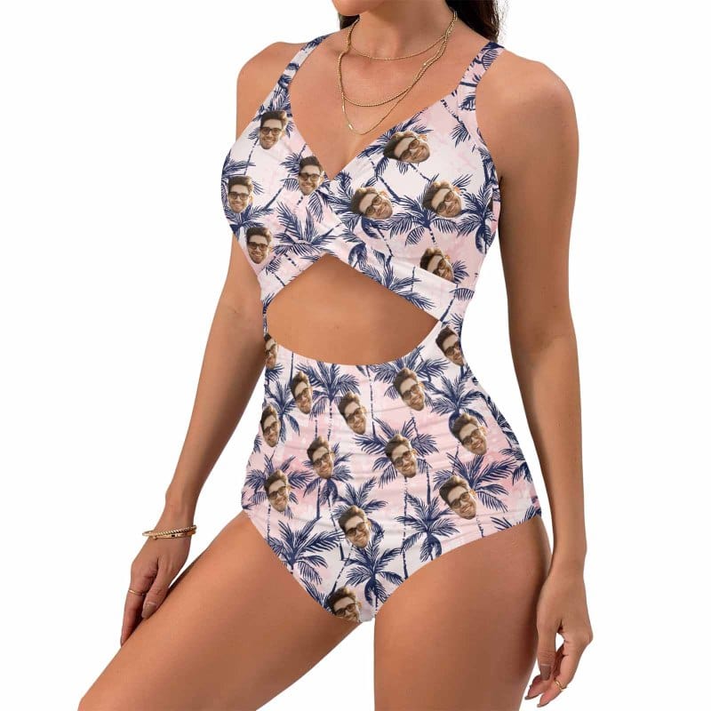 Custom Face Coconut Women's Twist Front Tie Back One Piece Swimsuit Face Bathing Suit