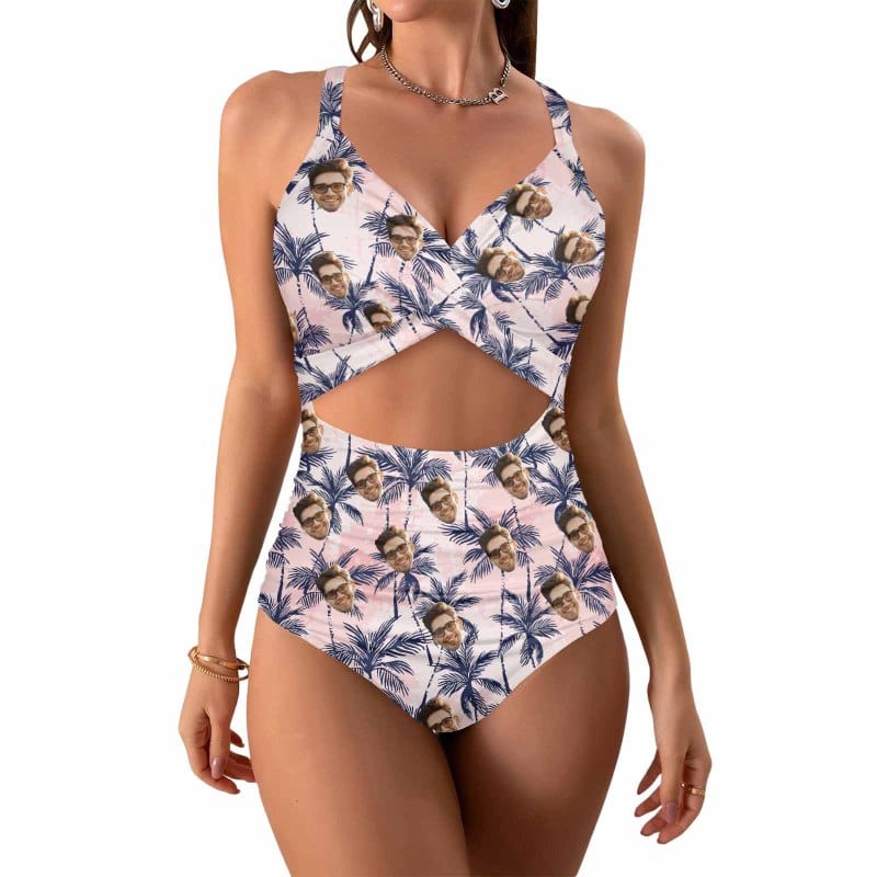 Custom Face Coconut Women's Twist Front Tie Back One Piece Swimsuit Face Bathing Suit