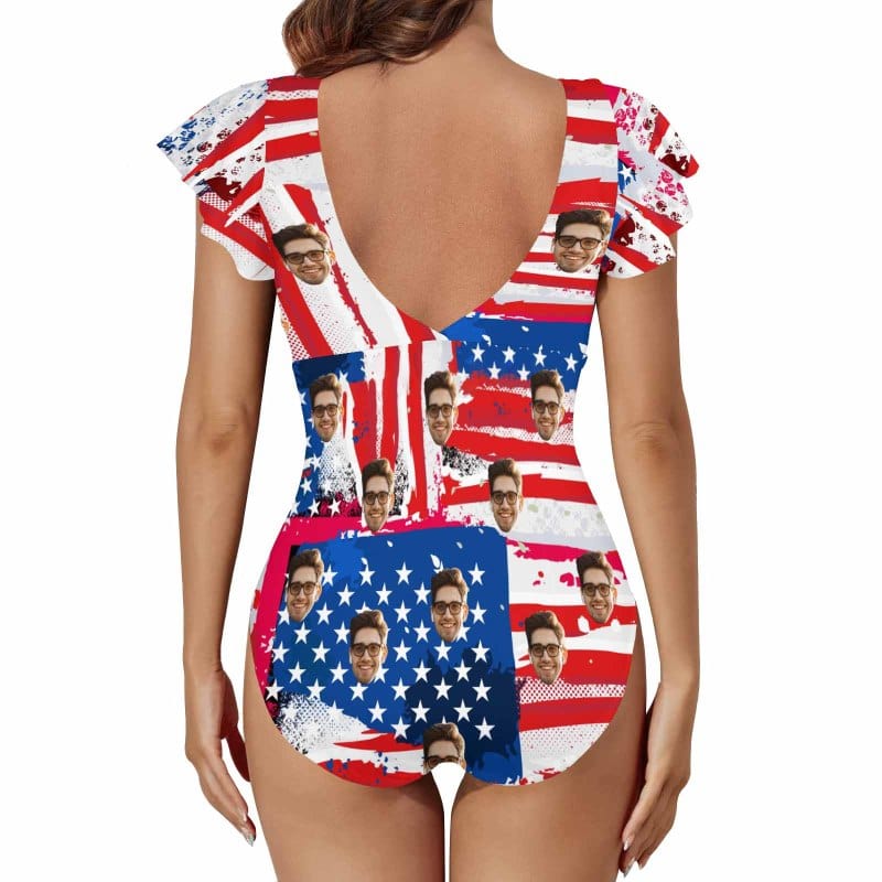 Custom Face Flag USA Women's Twist Front Ruffle Sleeve Swimsuit Face Bathing Suit