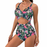 Custom Face Flamingo Women's Twist Front Tie Back One Piece Swimsuit Face Bathing Suit