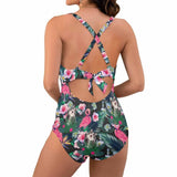 Custom Face Flamingo Women's Twist Front Tie Back One Piece Swimsuit Face Bathing Suit