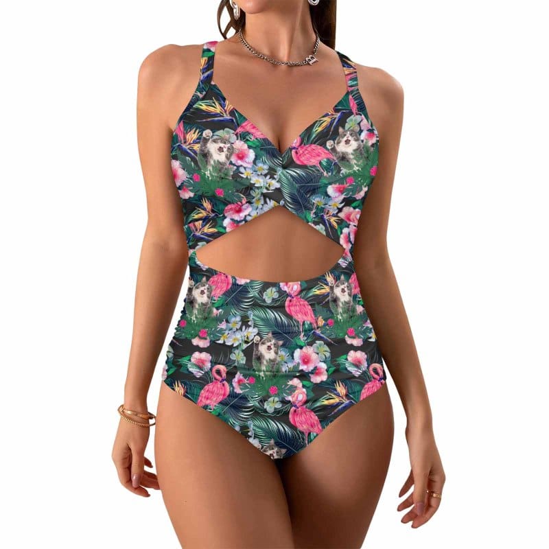 Custom Face Flamingo Women's Twist Front Tie Back One Piece Swimsuit Face Bathing Suit