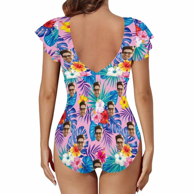 Custom Face Flowers Women's Twist Front Ruffle Sleeve Swimsuit Face Bathing Suit