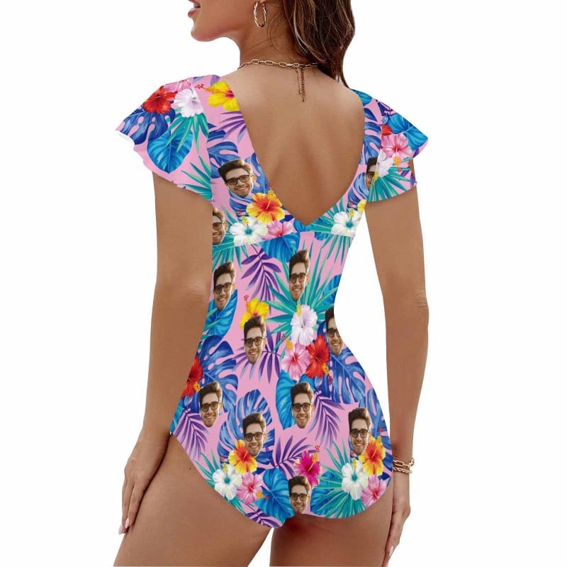 Custom Face Flowers Women's Twist Front Ruffle Sleeve Swimsuit Face Bathing Suit