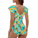 Custom Face Green Pineapple Women's Twist Front Ruffle Sleeve Swimsuit Face Bathing Suit