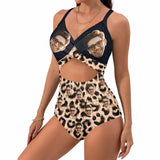 Custom Face Leopard Print Women's Twist Front Tie Back One Piece Swimsuit Face Bathing Suit