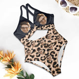 Custom Face Leopard Print Women's Twist Front Tie Back One Piece Swimsuit Face Bathing Suit