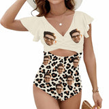 Custom Face Leopard Women's Twist Front Ruffle Sleeve Swimsuit Face Bathing Suit