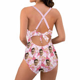 Custom Face Pink Women's Twist Front Tie Back One Piece Swimsuit Face Bathing Suit