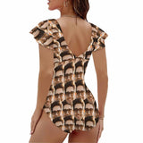 Custom Face Seamless Women's Twist Front Ruffle Sleeve Swimsuit Face Bathing Suit