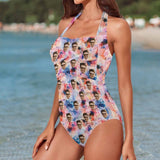 Custom Face Tie Dye Women's Ruched Push Up Halter Swimsuit Personalized One Piece Bathing Suits